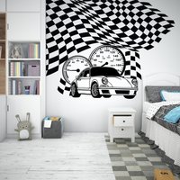 Cars Race Flag Wandtatko, Rennwagen Vinyl, Jungenzimmer Autos Aufkleber, Sportwagen Zimmer, Kinder Cartoon Dekor, Jungen Kinderzimmer Vinyl 1097Es von EnSuArtDecals