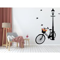 Fahrrad Wandaufkleber, Blumen Vögel Wandfolie Aufkleber, Straßenlampe Wohnzimmer Eingang Wanddeko 1036Es von EnSuArtDecals