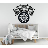 Race Flag Reifen Wandfolie Dekor Art Sticker Sport Racing Auto Kariert Flagge Junge Racer Kinderzimmer Finish Wandbild Kunst 1374Es von EnSuArtDecals