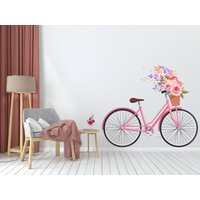 Rosa Fahrrad Wandaufkleber, Mädchen Blumen Wand Vinyl Aufkleber, Wohnzimmer Eingang Dekor 1038Es von EnSuArtDecals