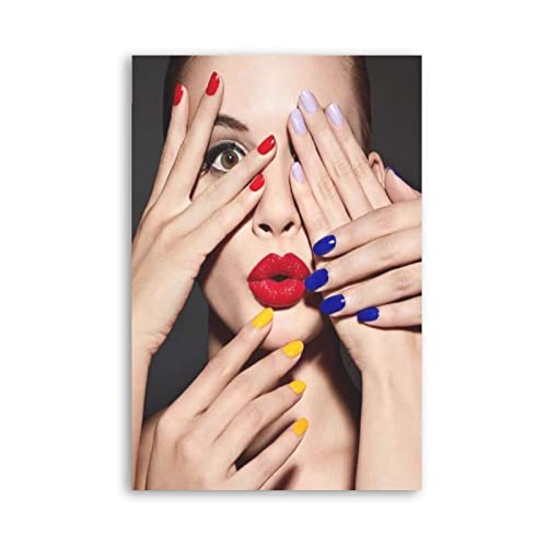 Enartly Leinwand Bilder Fashion Nail Salon Sexy Red Lips and Beautiful Eye Makeup painting Canvas poster Prints wall art Picture 60x90cm Senza Cornice von Enartly