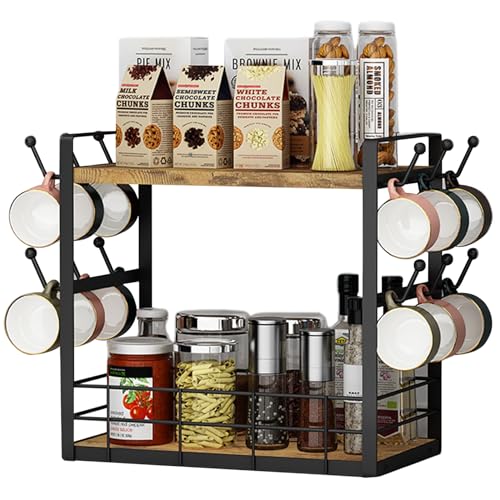 Enbebamd Organizer der Kaffeestation, 2 Tierkaffeetassenhalter mit 12 Haken, Vintage Desktop Küchenregal Organizer, starke Becherhalter für Küchenarbeitsplatte 13.8x7.9x13.4 von Enbebamd