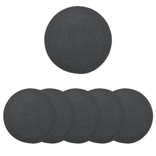 Encasa XO Esszimmer-Tischsets Set aus 6 | Runde Baumwoll-Platzsets - 33 cm Durchmesser | Dunkelgrau | Handgefertigter Rippstil von Encasa XO