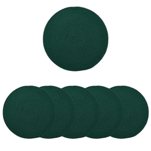Encasa XO Esszimmer-Tischsets Set aus 6 | Runde Baumwoll-Platzsets - 33 cm Durchmesser | Dunkelgrün | Handgefertigter Rippstil von Encasa XO
