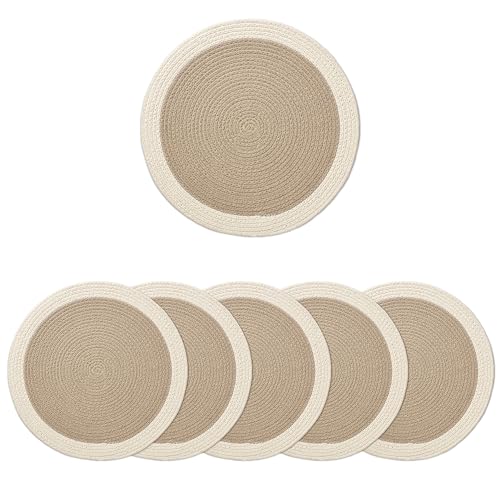 Encasa XO Esszimmer-Tischsets Set aus 6 | Runde Baumwoll-Platzsets - 33 cm Durchmesser | Beige und gebrochenes Weiß | Handgefertigter Rippstil Encasa XO Esszimmer-Tischsets Set aus 6 | Runde Baumwoll-Platzsets - 33 cm Durchmesser | Beige und gebrochenes Weiß | Handgefertigter Rippstil von Encasa XO