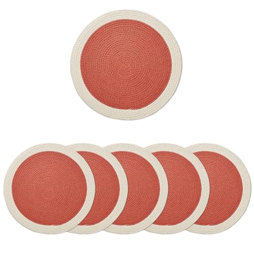 Encasa XO Esszimmer-Tischsets Set aus 6 | Runde Baumwoll-Platzsets - 33 cm Durchmesser | Koralle und gebrochenes Weiß | Handgefertigter Rippstil von Encasa XO