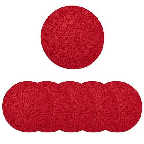 Encasa XO Esszimmer-Tischsets Set aus 6 | Runde Baumwoll-Platzsets - 33 cm Durchmesser | Rot | Handgefertigter Rippstil von Encasa XO