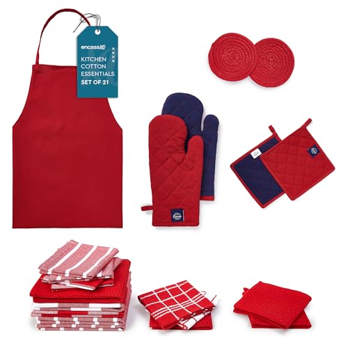 Encasa XO Küchen- und Geschirrtücher – Ofenhandschuhe – Topflappen-Set mit 21 Stück – Reine Baumwolle – Geschirrtücher Rote Kombination von Encasa XO