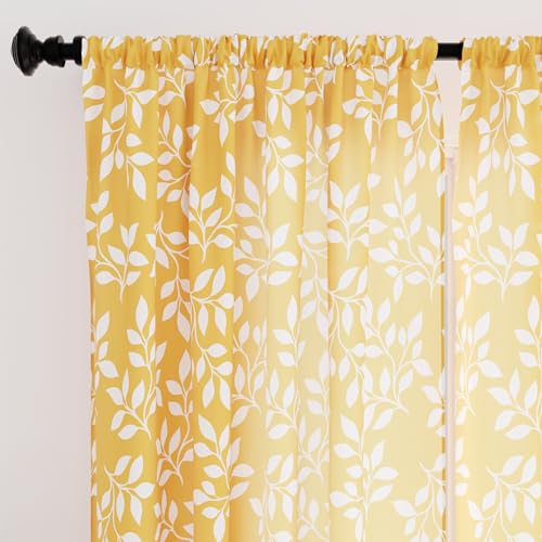 Encasa XO Polyester halbtransparent Gedruckt 140 cm W x 137 cm L Vorhänge mit Krawattenrücken 140x137 cm (4.5 ft), Reverse Leaf Yellow - 2 Packung - Nicht schrumpfen & maschinenwaschbar von Encasa XO