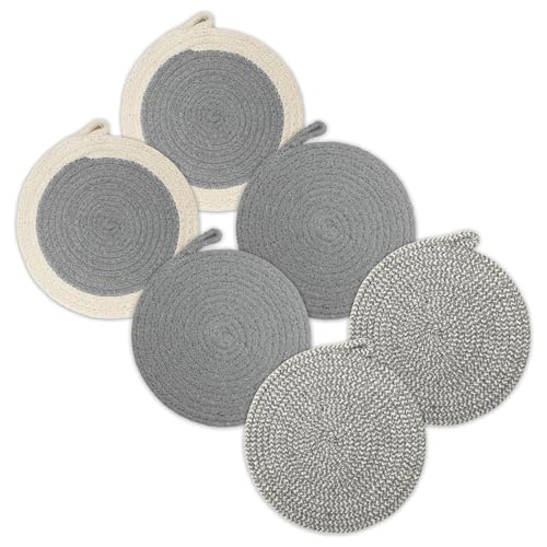 Encasa XO Runde Topfuntersetzer Mit Aufhängeöse | Grey Combo - Set aus 6 Mit 18 cm Durchmesser | Baumwoll-Runde Dicke Hitzebeständige | Für heiße Töpfe und Pfannen verwenden von Encasa XO