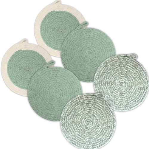 Encasa XO Runde Topfuntersetzer Mit Aufhängeöse | Sage Combo - Set aus 6 Mit 18 cm Durchmesser | Baumwoll-Runde Dicke Hitzebeständige | Für heiße Töpfe und Pfannen verwenden von Encasa XO