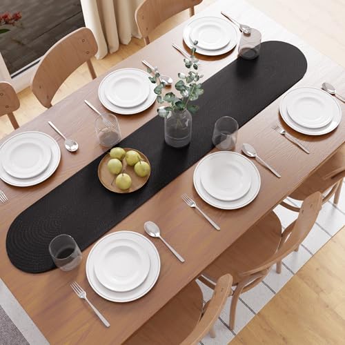 Encasa XO Tischläufer | Handgefertigtes Geripptes Design aus Baumwolle | 30x137 cm | Schwarz | Für Kaffee- und Couchtisch von Encasa XO