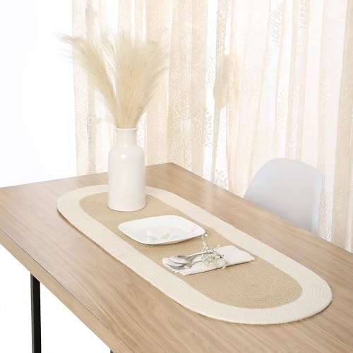 Encasa XO Tischläufer | Handgefertigtes Geripptes Design aus Baumwolle | 30x91 cm | Beige und gebrochenes Weiß | Für Kaffee- und Couchtisch von Encasa XO