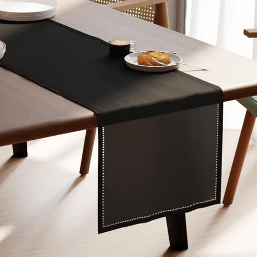 Encasa XO Tischläufer | Reine Baumwolle mit Hohlsaumdesign | Größe 32x150 cm | Schwarz - Maschinenwaschbar von Encasa XO