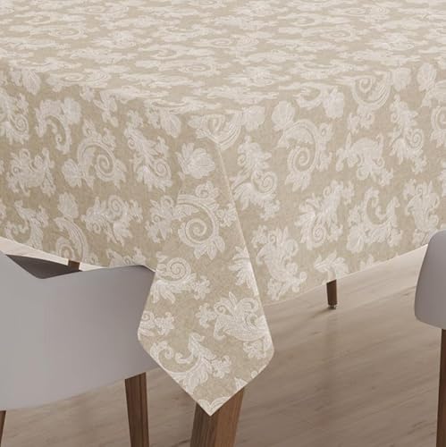 Encasa 8 to 10 Seater Estischtuch 145x300 cm (57x118 in) I Blumen Beige Jacquard -Style -Druck auf Chambray Homespun Cotton I für Familienversammlungen, Partys, die ich waschbar ist von Encasa