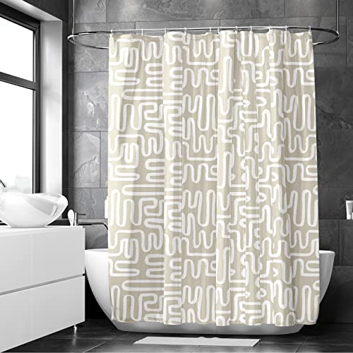 Encasa Badezimmer Duschvorhänge | Hochwertiger Polyester Stoff, Waschbar | Geeignet für Badewanne, Eckdusche, Kleine Räume | 183x183 cm | Boho Labyrinth Beige - 10 Kostenlose Haken Inklusive von Encasa