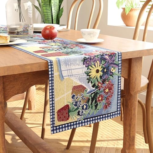 Encasa Boho Jacquard Tischläufer – Blumentopf Design | Vintage-Stil | Größe 32x250 cm | Gewebter böhmischer Wandteppich für 8 Seater Essen – maschinenwaschbar von Encasa