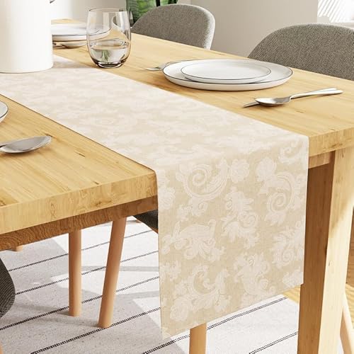 Encasa Esstischläufer für 4 Seater I Größe 32x150 cm | - Blumen Beige Jacquard Style Print auf Homespun Baumwolle | Schnelle Farben, maschinenwaschbar von Encasa