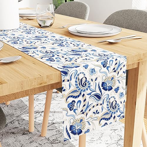 Encasa Esstischläufer für 4 Seater – wasserabweisend – bedruckter Twill-Stoff aus Polyester – Größe 32x150 cm – dekoratives Tuch für Mittel- und Couchtisch – waschbar – langlebig – Chintz Blue von Encasa