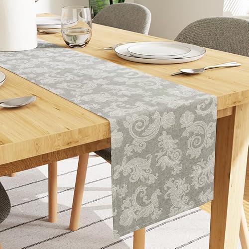 Encasa Esstischläufer für 4 to 6 Seater I Größe 32x183 cm | - Blumen Grau Jacquard Style Print auf Homespun Baumwolle | Schnelle Farben, maschinenwaschbar von Encasa