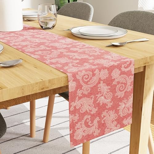 Encasa Esstischläufer für 4 to 6 Seater I Größe 32x183 cm | - Blumen Rot Jacquard Style Print auf Homespun Baumwolle | Schnelle Farben, maschinenwaschbar von Encasa