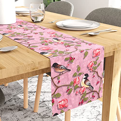 Encasa Esstischläufer für 6 Seater- Polyester-Twill-Stoff-Folie Digitaldruck- Wasserfest- Größe 28x150 cm- Dekoratives Tuch für Zuhause, Cafés & Hotels-Washable- 1 PC- Staubige rosa Vögel von Encasa