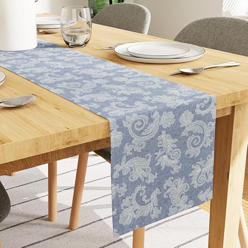 Encasa Esstischläufer für 8 Seater I Größe 32x240 cm | - Blumen Blau Jacquard Style Print auf Homespun Baumwolle | Schnelle Farben, maschinenwaschbar von Encasa