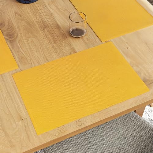 Encasa XO Platzsets Esstisch Set von 6 | Gelb | Fein gerippte Baumwoll-Tischunterlage | Größe 48x32 cm | Maschinenwaschbar von Encasa XO