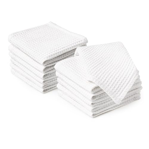 Encasa XO Küchenhandtücher und Waschlappen aus Baumwolle | Weiss | Waffel- und Flachgewebe-Geschirrtuch | Geschirrtuch-Set | 30x30 cm | Wiederverwendbar und schnell trocknend 12er-Satz von Encasa XO