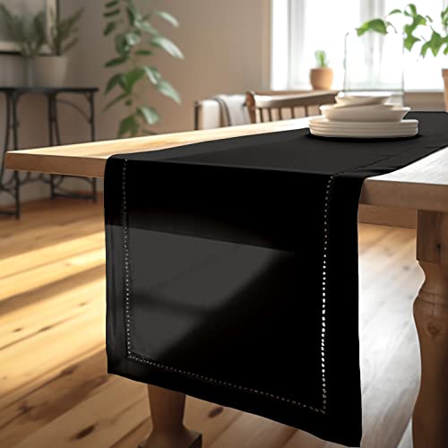 Encasa Tischläufer aus Baumwolle mit Hohlsaumdesign für 4 Seater | Schwarz | Größe 32x150 cm | Esstischdekoration – maschinenwaschbar von Encasa