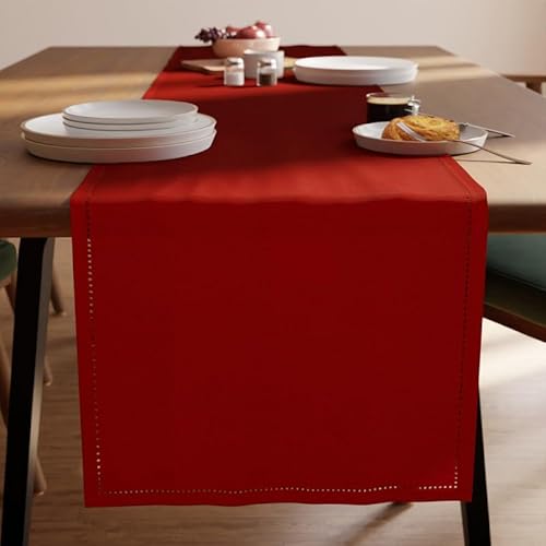 Encasa Tischläufer aus Baumwolle mit Hohlsaumdesign für 4 Seater | Rot | Größe 32x150 cm | Esstischdekoration – maschinenwaschbar von Encasa