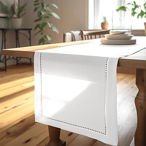 Encasa Tischläufer aus Baumwolle mit Hohlsaumdesign für 4 Seater | Weiss | Größe 32x150 cm | Esstischdekoration – maschinenwaschbar von Encasa