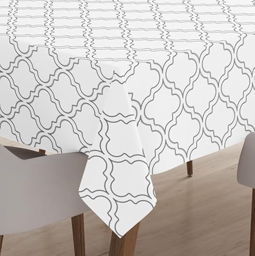 Encasa Homes Bedruckte Tischdecke 145 x 145 cm für Square Esstisch, 100% Baumwolle, maschinenwaschbar, strapazierfähig, rechteckig, für Zuhause, Restaurant, Bankett - White Tiles von Encasa