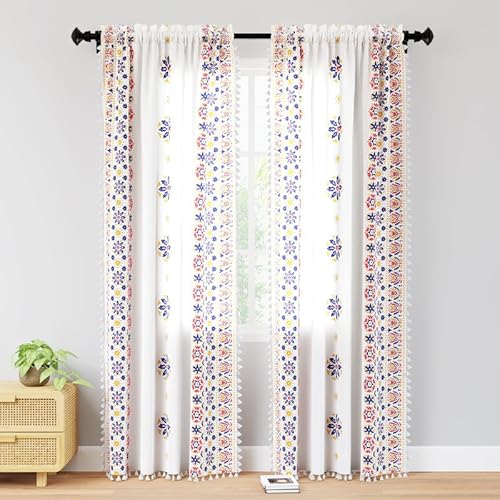 Encasa Homes Boho Semi Sheer Hänge für Window im Schlafzimmer und Wohnzimmer (2) - Boho Hell - Vorhang mit Quasten & Bohemian Design - 4.5 ft von Encasa