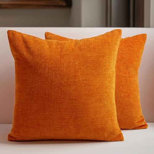 Encasa Homes Chenille kissenbezüge 2 Stück Set - Orange - 40 x 40 cm Strukturierte einfarbige, weiche & Glatte, quadratische Akzentdekorationskissen für Couch, Sofa, Stuhl, Bett & Boden von Encasa