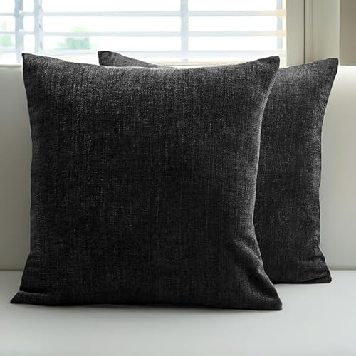 Encasa Chenille Kissenbezüge Set von 2 | Schwarz - (18"x18") (45x45 cm) | Dekorative Akzent Quadratische Wurfkissenbezüge Für Couch, Heimdekoration, Sofa von Encasa