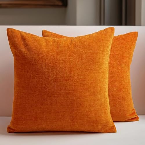 Encasa Homes Chenille kissenbezüge 2 Stück Set - Orange - 60 x 60 cm Strukturierte einfarbige, weiche & Glatte, quadratische Akzentdekorationskissen für Couch, Sofa, Stuhl, Bett & Boden von Encasa