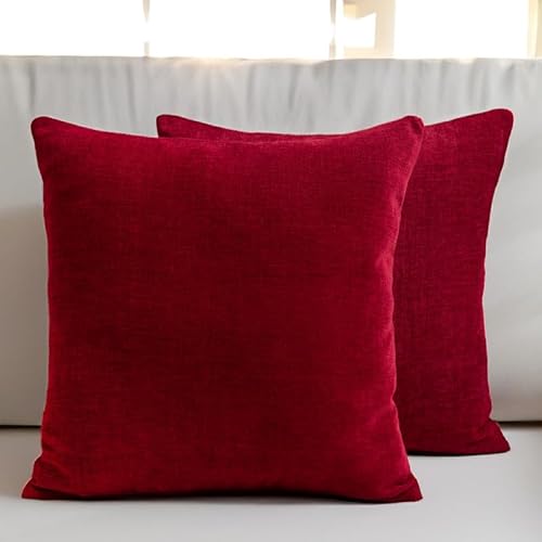 Encasa Chenille Kissenbezüge Set von 2 | Scharlachrot - (16"x16") (40x40 cm) | Dekorative Akzent Quadratische Wurfkissenbezüge Für Couch, Heimdekoration, Sofa von Encasa