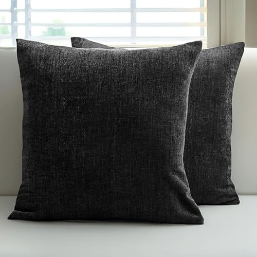 Encasa Chenille Kissenbezüge Set von 2 | Schwarz - (16"x16") (40x40 cm) | Dekorative Akzent Quadratische Wurfkissenbezüge Für Couch, Heimdekoration, Sofa von Encasa