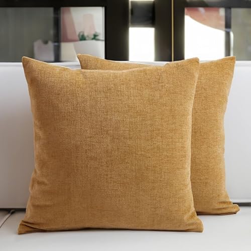 Encasa Chenille Kissenbezüge Set von 2 | Senf - (16"x16") (40x40 cm) | Dekorative Akzent Quadratische Wurfkissenbezüge Für Couch, Heimdekoration, Sofa von Encasa