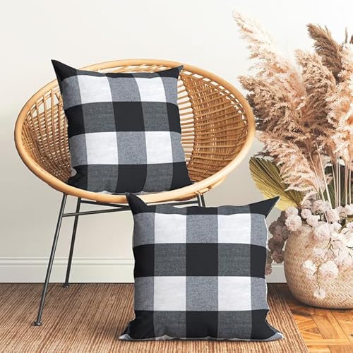 Encasa Homes Cushion Covers 2 pcs Set (60 x 60 cm) - Buffalo Black Checks - Decorative Large Square Colourful Washable Eco - Cotton, Throw Pillow Cases for Living Room, Sofa, Bedroom, Home & Hotel von Encasa