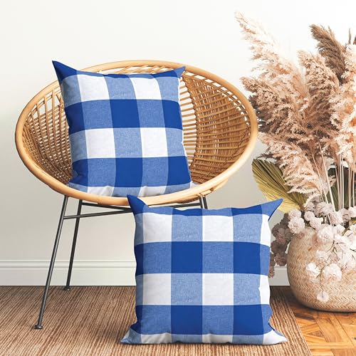 Encasa Homes Cushion Covers 2 pcs Set (60 x 60 cm) - Buffalo Blue Checks - Decorative Large Square Colourful Washable Eco - Cotton, Throw Pillow Cases for Living Room, Sofa, Bedroom, Home & Hotel von Encasa