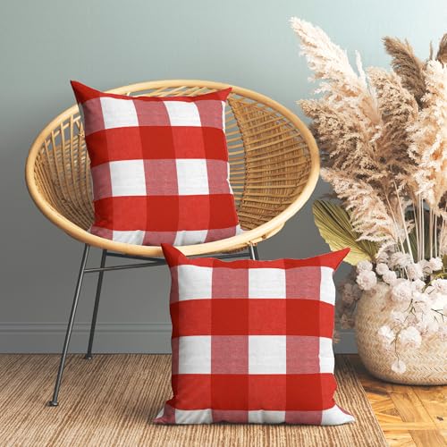 Encasa XO Kissenbezüge 2 Stück (60x60 cm) - Buffalo Red Checks - Weiche Baumwolle Leinwand Ungefärbt Rechteckige Kissenbezug Bunte Dekorative für Wohnzimmer Schlafzimmer Sofa Waschbar von Encasa XO