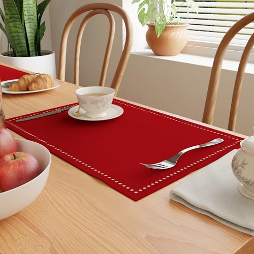 Encasa XO Tischsets Set aus 4 | Reine Baumwolle mit Hohlsaum-Design | Rot | Rechteckige 48x32 cm - Tischuntersetzer | Maschinenwaschbar von Encasa XO