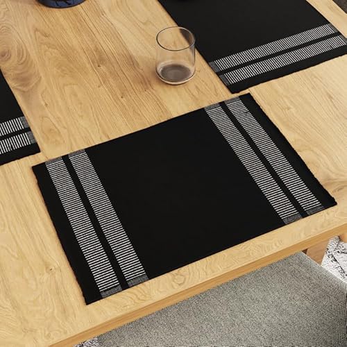 Encasa Tischsets aus Gerippter Baumwolle (6er-Set) – Leiter schwarz | 46x32 cm| Über 20 Moderne Farben und gewebte Designs. Waschbare Tischsets aus Stoff von Encasa