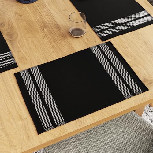 Encasa XO Platzsets Esstisch Set von 6 | Leiter schwarz | Fein gerippte Baumwoll-Tischunterlage | Größe 46x32 cm | Maschinenwaschbar von Encasa XO