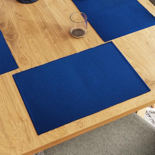 Encasa XO Platzsets Esstisch Set von 6 | Solide blau | Fein gerippte Baumwoll-Tischunterlage | Größe 48x32 cm | Maschinenwaschbar von Encasa XO
