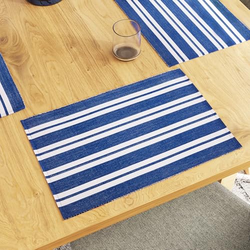 Encasa XO Platzsets Esstisch Set von 6 | Franca Blue Stripes | Fein gerippte Baumwoll-Tischunterlage | Größe 48x32 cm | Maschinenwaschbar von Encasa XO
