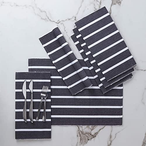 Encasa Tischsets aus Gerippter Baumwolle (6er-Set) – Roma graue Streifen | 48x33 cm| Über 20 Moderne Farben und gewebte Designs. Waschbare Tischsets aus Stoff von Encasa