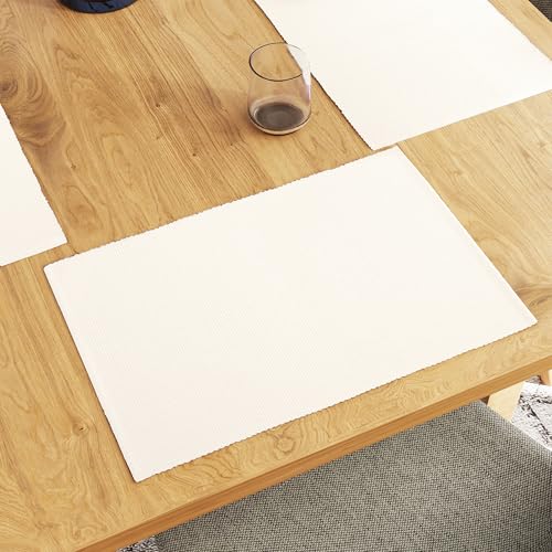 Encasa XO Platzsets Esstisch Set von 6 | Solid Off White | Fein gerippte Baumwoll-Tischunterlage | Größe 48x32 cm | Maschinenwaschbar von Encasa XO